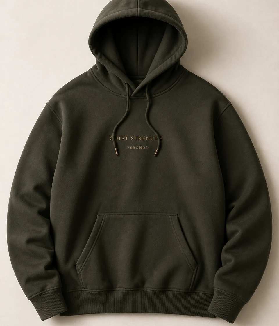 Concept visualization of the Quiet Strength hoodie in a quiet studio flat lay