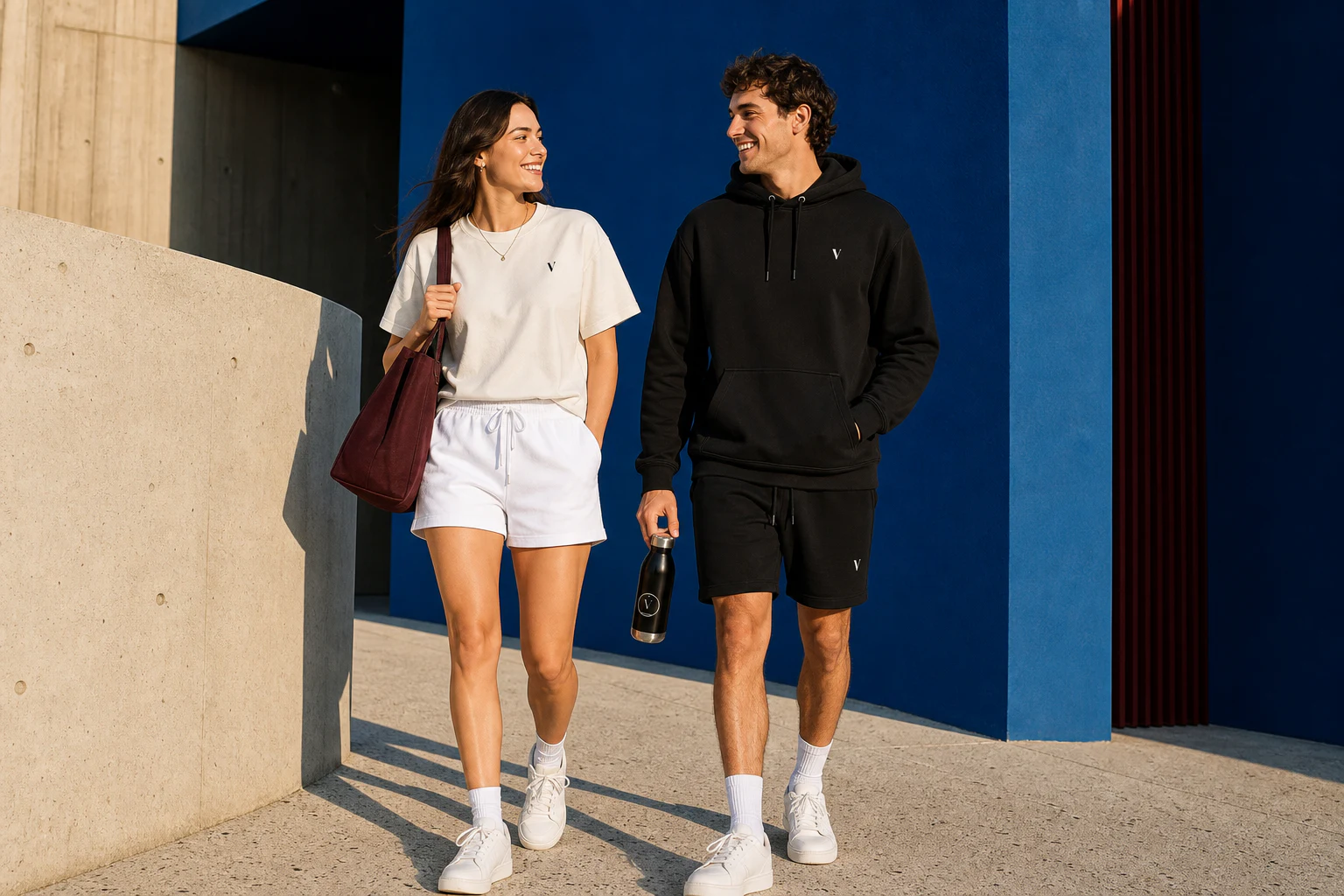 Friends wearing Veronos daily tees, fleece and accessories in California light